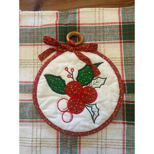 Vintage Quilted Christmas Potholder Holly Wooden Ring Hand Sewn Kitchen Decor